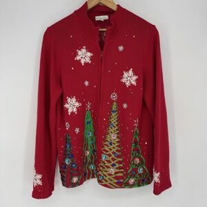 UGLY Christmas Sweater Cardigan Zip‎ Front Long Sleeve Red Petite Large